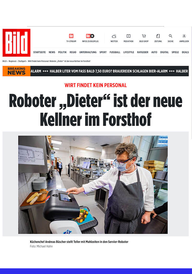 Bericht auf der Seite Bild.de über den neuen Serviceroboter Kellner "DIETER" im Forsthof Stuttgart